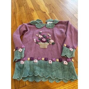Vintage Hartstrings Girls Floral crochet Purple Green Sweater Dress 5/6 Buttons